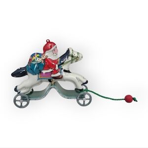 Hallmark Vintage Tin Toy Ornament Galloping Into Christmas Santa Toy Pull Horse